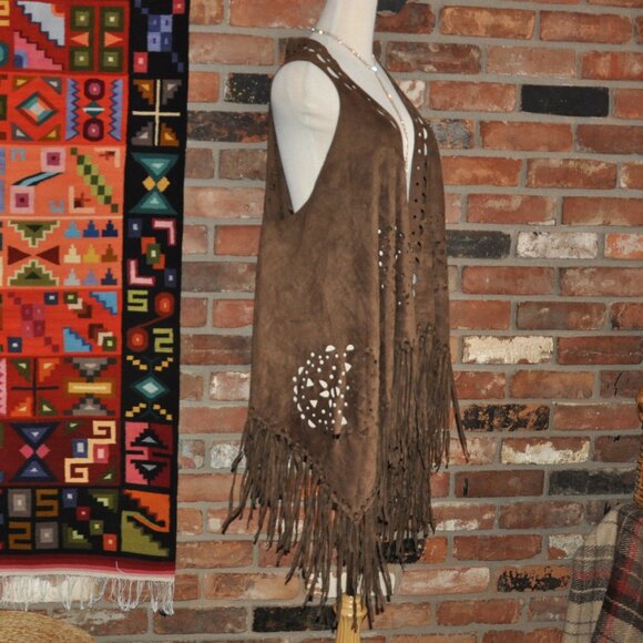 Brown Boho Faux Suede Laser Cut Hippie Fringe Vest Waistcoat Festival Unisex O/S - Picture 2 of 9